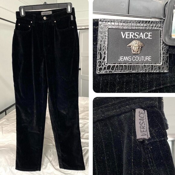 Vintage 90s Versace Jeans Couture Authentic Women’s Black Velvet Shimmer Pants - Picture 1 of 8